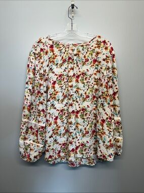 Alex & Lili Long-Sleeve Peasant Blouse - White with Pink & Green Floral